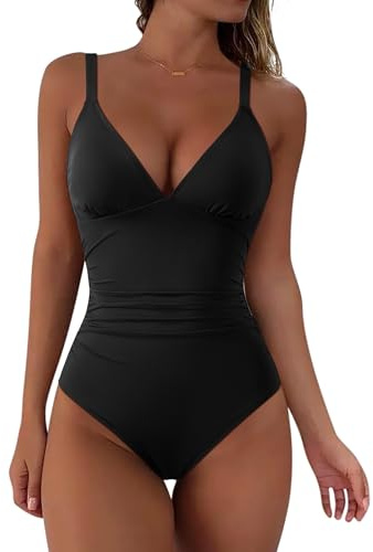 DOULAFASS Backless Shape Push Up Slimming Swimming Costume Women Tummy Control Swimsuit V Neck Sexy One Piece Swimwear Black