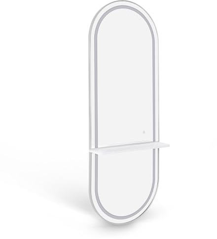 Barberpub Wandspiegel mit Beleuchtung, Ganzkörperspiegel mit Aluminiumrahmen, Großer Spiegel mit Ablage, Touch-Schalter, 3 Lichtfarben Dimmbar, für Friseursalon, 17x65x177 cm, J6270 (Weiß-Silber)