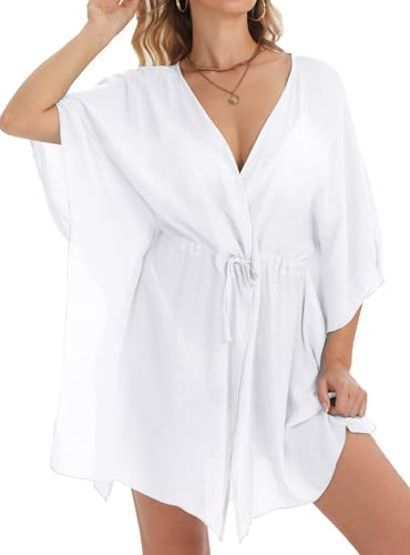 Vossmi Vestido Playa Bikini Cover Up Beach Vestido Cuello en V Casual Dress Playa con Cordón Elegante Suelto Vestidos Cintura Alta Chiffon Cárdigan Dress Bohemia Camisola Verano