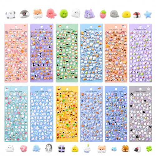 Gemejutor 12 Láminas de Pegatinas 3D Hinchables, 1200+ Pegatinas de Gel con Motivos de Animales Lindos, Pegatinas Decorativas de Resina para Scrapbooking, Diario, Funda de Portátil, Botella de Agua,