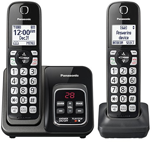 PANASONIC Expandable Cordless Phone System with Link2Cell Bluetooth, Voice Assistant, Answering Machine and Call Blocking - 2 Cordless Handsets - KX-TGD562M (Metallic Black)