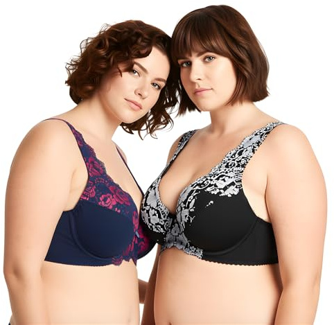 Curve Muse Minimizer-fodrad bygel-bh med spetsbroderi för kvinnor-2-Packa-Blå, Silver-80D