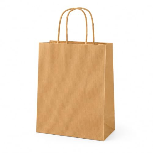 Thepaperbagstore 250 Brown Ribbed Kraft Paper Bags Twist Handles 18x22x8cm | 90gsm ribbed kraft paper for party favours, sweets, gifts, weddings, birthdays, craft fairs and lightweight retail packaging