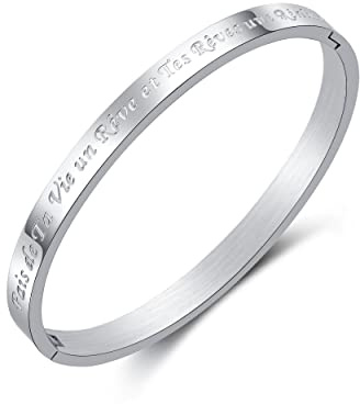 RWQIAN Argent Phrases D'Inspiration Bracelet Femme Jonc Fin En Acier Inoxydable Bracelet Plusieurs Messages Jonc Bracelet Fais de Ta Vie un Rêve et Tes