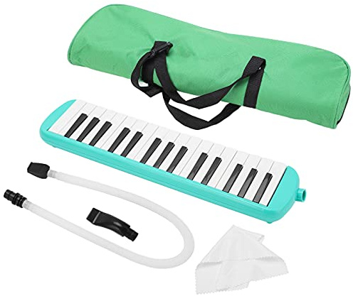 Teclado de Piano de Aire 32 Teclas con Boquilla Corta Bolsa de Transporte de Toallitas Suaves para Soplado(Verde)