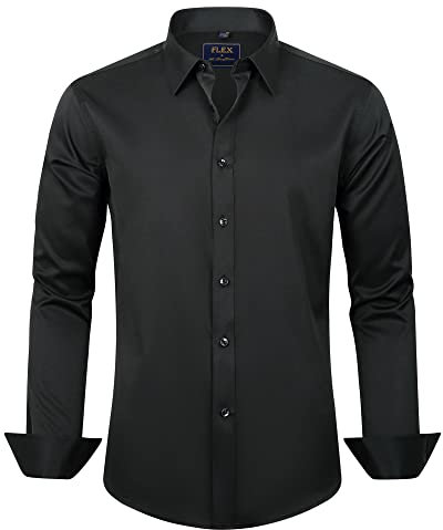 J.VER Men's Long Sleeve Black Dress Shirt Regular Fit Solid Business Casual Formal Shirt Button Down Wedding Work Stretch Non Iron S