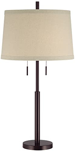 Possini Euro Design Modern Buffet 3-Way Table Lamp 33 Tall Skinny with USB Charging Port Matte Dark Bronze Metal Off White Burlap Fabric Drum Shade for Bedroom Living Room Nightstand Bedside