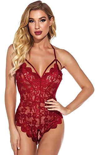 KOEMCY Lingerie Sexy Femme Dentelle Dos Nu Erothique Deshabillé Body Combinaison Col V Profond Lingerie One Piece Dentelle Babydoll Eotique sous Vêtements de Nuit
