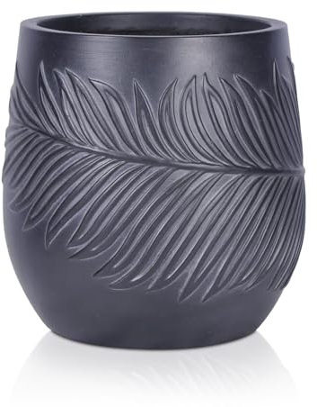 IDEALIST Dia 23cm Flower Pot | Black Reinforced Stone Tapered Round Plant Pot | Leaf Embossed Garden Planter with Drainage Holes W30 H31.5 cm, with Inner Top D23 cm, 14 litres