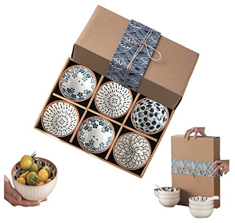 Green Globe 6 Pcs Ceramic Rice Bowls 10 oz | Dinnerware Gift Set for Cereal Soup Dessert Snack Fruit Salsa (Porcelain)