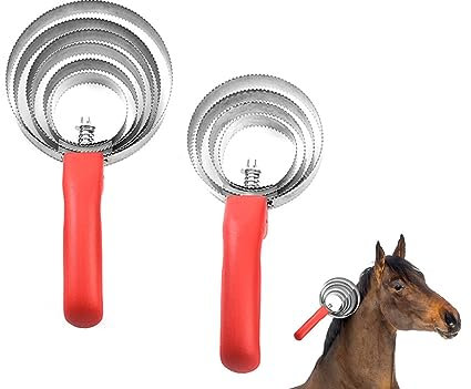 Kellegour 2 Stück Edelstahl-Pferdebürste,Federstriegel,4Ringen und 6Ringen Metall-Curry-Kamm,mit Soft Touch Griff,Doppelseitiger Striegel,Pferdebürste,Juckreizbürste aus Metall,für Schafe Pferde Kühe
