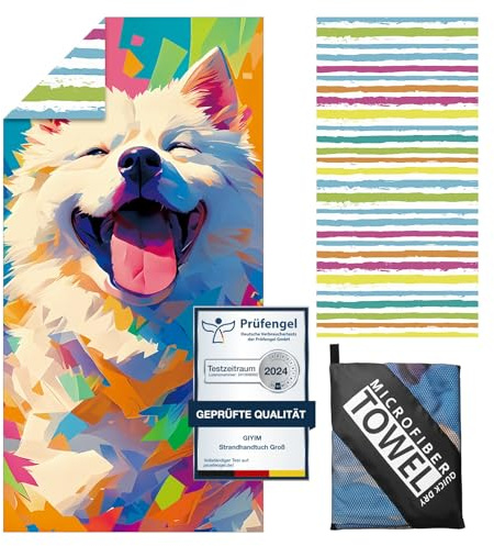 Giyim Large Beach Towel - 180 x 100 cm Microfibre Towel with Bag, Absorbent and Quick Drying, Soft & Lightweight for Travel, Swimming (Dog)