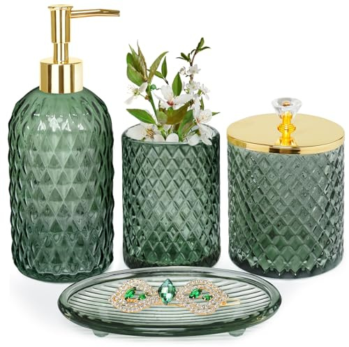 Bathroom Accessories Set, 4Pcs Sage Green Glass Bathroom Accessory Set Complete w/Lotion Soap Dispenser, Toothbrush Holder, Qtip Holder, Soap Dish, Gold Bathroom Decor Sets, Gift for Home Apartment