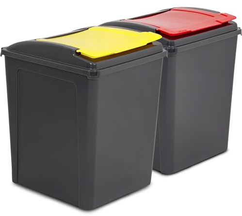 2x 50L Poubelle de 50 l Noir-Jaune-Rouge, Poubelle de cuisine, Poubelle 2 compartiments, Système de tri des déchets, Poubelle de cuisine, Poubelle 50 l, Bac à ordures, Poubelle, Sac jaune Poubelle