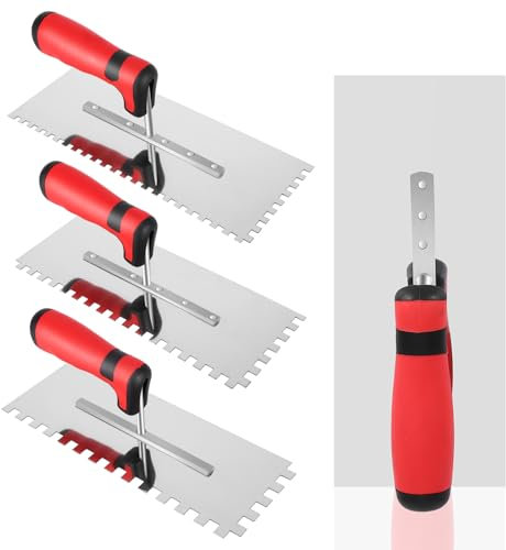 AOZBZ Kit de Carrelage 4 Pièces, Truelles en Acier Inoxydable, Dents en 6x6 mm, 8x8 mm, 10x10 mm et Truelle à Lisser, Manche Souple Confort, Dimensions de la Truelles 280x107 mm