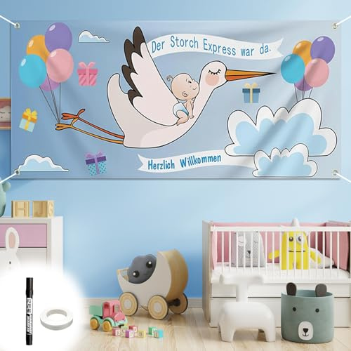 Benvenuto a casa per bambini, per la nascita di cicogna per esterni, 160 x 70 cm, per la nascita, ideale come decorazione per la casa, per baby shower