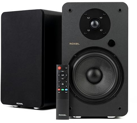 Roxel Onyx XL 120W Active Bookshelf Speakers, HiFi Stereo Wireless Speakers, BT 5.3, HDMI ARC, Optical, USB, RCA, Adjustable Bass/Treble, Full range 6.5 inch Bass Driver, 3 Metre Speaker Cable