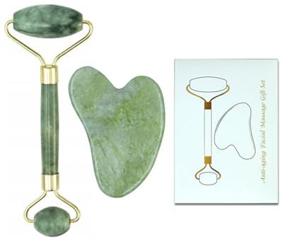 TPZORJX 1 Set di Gua Sha di giada e rullo di quarzo per il viso, 100% naturale, antirughe, rassodante e nutriente per la pelle, strumento di massaggio naturale per il ringiovanimento e il relax(giada)
