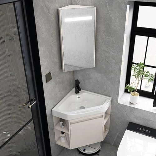 YUGXTH Lavabo d'angle, Meuble-lavabo d'angle Mural pour Salle de Bain, Lavabo d'angle en Céramique avec Armoire a Miroir et Conteneur de Rangement, Lavabo de Coin pour Petit Espace(43cm/16.9in)