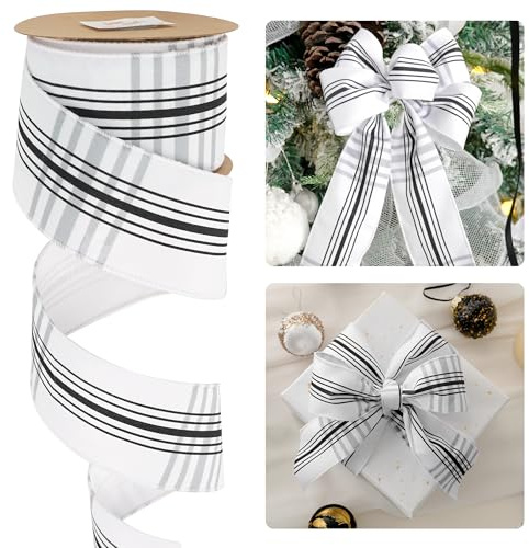 HUIHUANG Black and White Christmas Wired Ribbon 2.5 inch Black Striped Plaid Wire Ribbon for Christmas Tree, Garlands, Gift Wrapping, Wreaths, Mantel & Holiday Crafts- Continuous 10 Yards