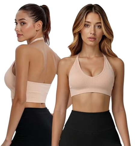 Fiohiros Deep V Neck Sports Bras for Women, Seamless Open Back Removable Pads Adjustable Neck Strap Wireless Workout Yoga Crop Top Bra