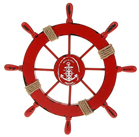 FRECI Nautical Bathroom Accessories Wooden Beach Boat Ship Steering Wheel Bedroom Wall Decor - Red