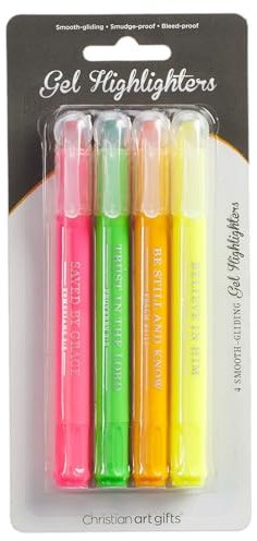 Christian Art Gifts Twist & Glide Multicolor Gel Bible Highlighter Set for Study, Office, Home, School, Smudge-proof, No Bleed, Pink, Green, Orange, Yellow with Scripture, Pack of 4 Assorted Colors