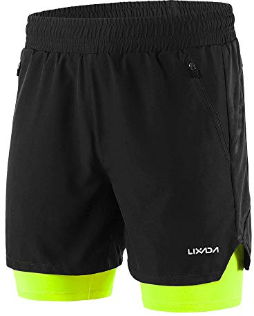 Lixada Hombres Pantalónes Cortos de Running 2-en-1, Pantalones Cortos de Atletismo/Pantalones Cortos de Fitness Maratón, Transpirable Pantalones+Secado Rápido