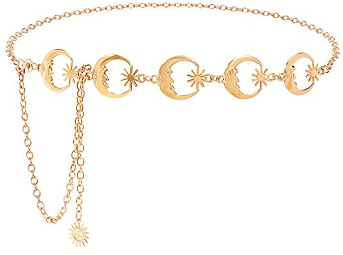 WERFORU Damen Gürtel Mode Taillengürtel Sterne Mond Kettengürtel Verstellbare Taillenkette Hüftkette für Kleider Gold