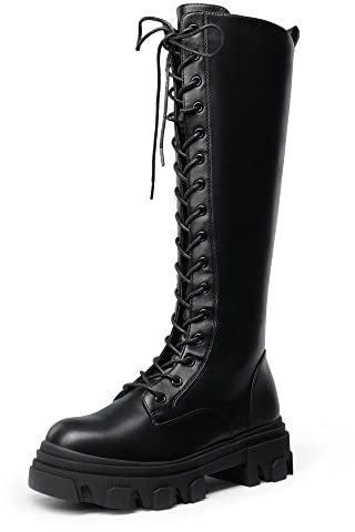 DREAM PAIRS Botas Militares Mujer de Caña Larga hasta Rodillas de Plataforma Botas de Combate Invierno con Cremallera,Size 38.5,Negro/PU,SDKB221W