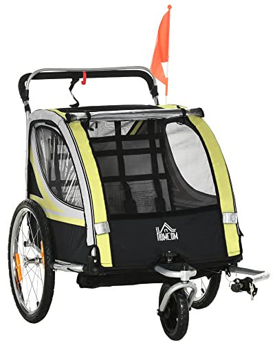 HOMCOM Remolque de Bicicleta para Niños y Silla de Paseo, Diseño 2 en 1 con Freno, Cinturón de 5 Puntos, Carrito Remolque para Bicicleta con Bolsillos Laterales, Catadióptricos y Banderita, Amarillo
