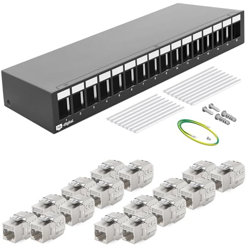 HB-DIGITAL 16-port patchpanel patchpanel distributionspanel 1 HE 16 x CAT 7 RJ45 Keystone Jack Modul helskärmad STP 10 Gbps kompatibel med installationskabel nätverkskabel Ethernet LAN – svart