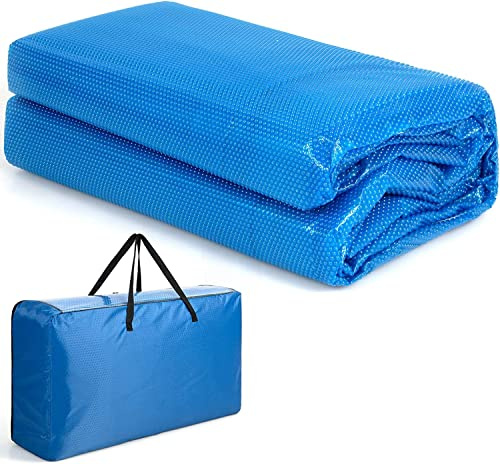 GYMAX Pool Cover, 18 FT x 36 FT 12-mil Solar Pool Cover with Carry Bag, Heat Retaining Rectangle Bubble Cover Floating Spa Blanket for Tub, In-Ground & Above Ground Swimming Pools (Blue)