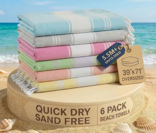LANE LINEN Turkish Towels Set of 6, Cotton Rich Beach Towels Oversized, Pre-Washed Pool Towel, Extra Large Beach Towel, Sandproof Beach Towel, Absorbent Travel towel,39x71 - Multi Colors