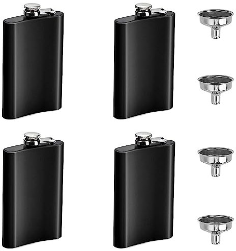 4 Pcs Hip Flask Set, 8oz Stainless Steel Pocket Whiskey Flask, with 2 Small Cups and 2 Funnels, for Camping, Hiking, Barbecue, Black