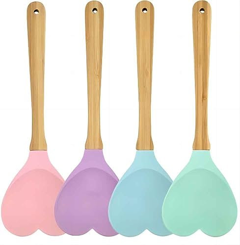 MASINIES Cucchiaio in legno a forma di cuore in silicone per cucinare e servire, spatola, insalata, utensile da cucina, 4 pezzi