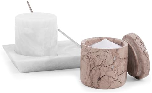 Radicaln marmor saltkällare med lock och bricka vit och marinara handgjord elegant sockerbehållare och saltbehållare set med 2 för köksförvaring – kryddburkar för kryddbehållare