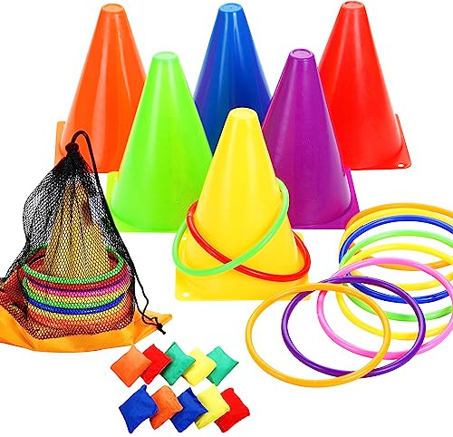 Win SPORTS 3 in 1 Carnival Outdoor Games Combo Set, Soft Plastic Cones Cornhole Bean Bags Ring Toss Games,for Kids Adults Indoor Outdoor Birthday Party Lawn Games Supplies (26 Pieces