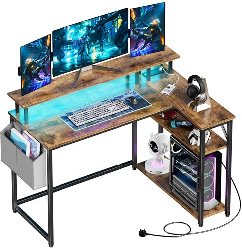 Yornoli L Shaped Desk with Led Lights＆Power Outlet 118CM Corner Office Gaming Desk for Small Spaces with Storage Shelves for Home Office Bedroom (Rustic Brown)