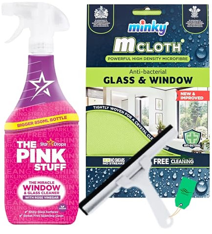 Spray detergente per vetri e finestre con lavavetri Ferwizz e panno Minky per vetri e detergente per vetri doccia Pink Stuff, 850 ml