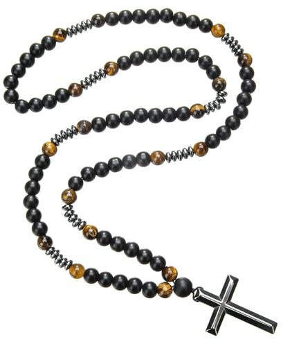 Glowjoy Collar de Rosario con Cruz Católica, Rosario Católico con Ojo de Tigre, Cuentas de Oración Cadena, Joyas para Hombre y Mujer, para Cristianos Católicos Comunión Religiosa, Bautismo, Misa