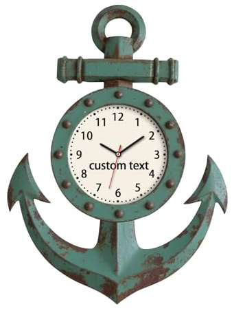 VWCSDSCS Personalized Nautical Anchor Wall Clock, Custom Text Ship Wheel Rudder Decor Wall Hanging Clock for Boat Owner Boating Ship Gifts