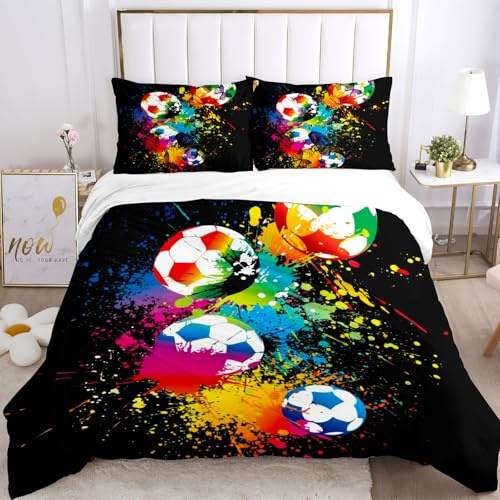 TSOPEFI Fußball Kinderbettwäsche 135x200,3D Fußball-Motiv Jungen Teenager Sport Bettbezug-Set,Blau,Grün Weicher Bequemer Bettbezug für Erwachsene und Kinder (D, 135 x 200 cm)