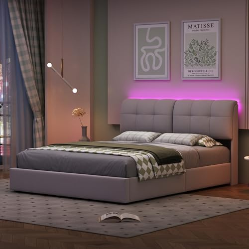 LSFYYDS Lit de coffre 160x200 cm Lit rembourré avec éclairage LED et port USB Lit double rembourré avec coffre et tête de lit pour adultes et adolescents velours