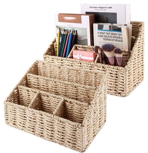 LDXDRU 2pcs Gewebter Schreibtischorganizer, Zeitungsständer, Dokumentenhalter, Stifteköcher, Briefständer 5 Fächer für Büroutensilien, Notizzettel und Stifte - Office Organizer HBT: 31.5x15x20cm