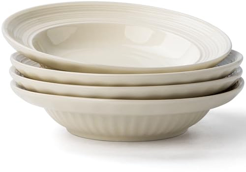 OniAnt Wide Rim Soup Bowls, 8 Inch Ceramic Rimmed Pasta Bowl Plates, Small Shallow Bowls Set of 4 for Side Salad, Portion Control, Oatmeal & Dessert, Microwave Dishwasher Safe - Cream Beige