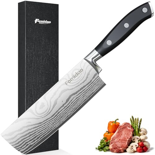 fomidao Nakiri Knife 7 Inch, Razor Sharp Meat and Vegetable Kitchen Knife, High Carbon Steel Japanese Chef Knife, Multipurpose Chopping Knife With Full Tang Handle for Home Kitchen Cooking