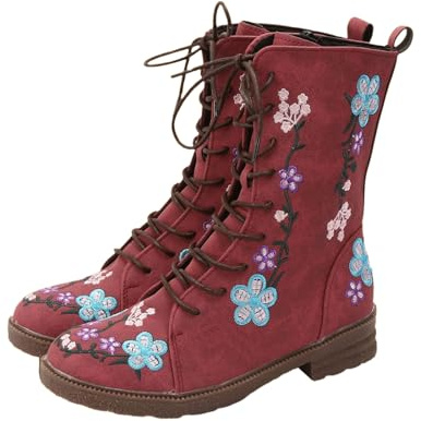 Lace Up Boots Women Winter Floral Embroidered Combat Boots Side Zip Vintage Boho Flower Design Leather Chunky Mid Calf Boot Waterproof Non Slip Walking Casual Shoes