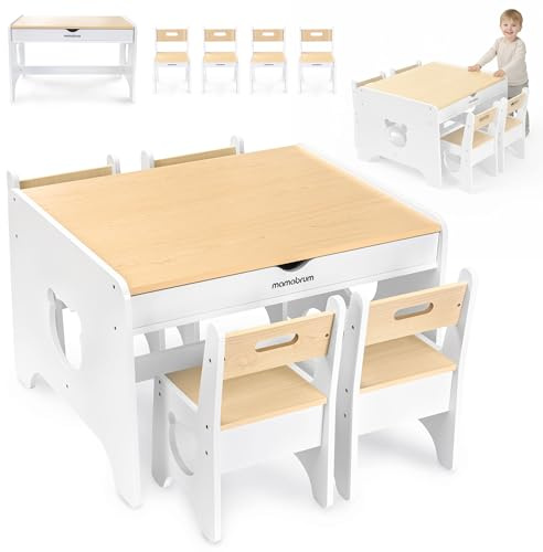 Mamabrum Barnbord med 4 Stolar och 2 Lådor, Vitt Träbord för Barnrum med Björn Design, Möbler för Ritning, Lek, Kreativa Aktiviteter och Lärande