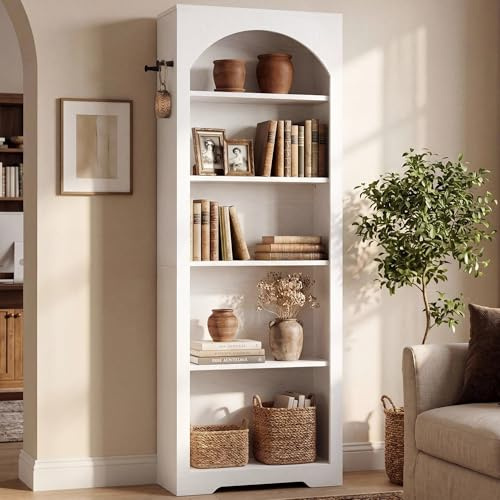 IRONCK Bookshelf, 180cm Arched 5-Tier Freestanding Bookcase with 2 Hooks | Adjustable Shelves, Open Storage Design Provides Versatile Display Space For Books, Decor in Office or Living Room